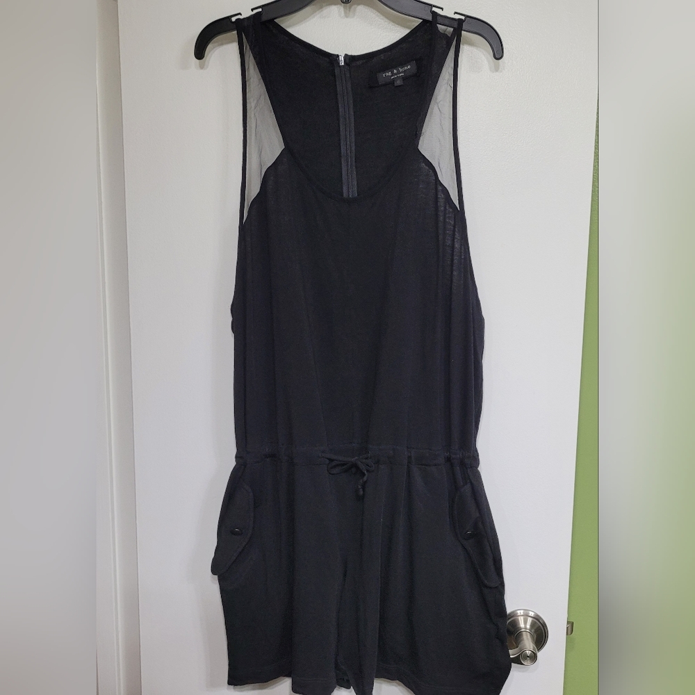 Rag & Bone Knit Romper Pockets Tie Waist Black Size 6 Athletic Neutral FLAWED